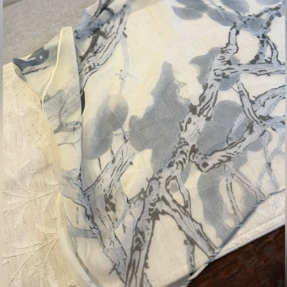 Vintage Chinese Ink Wash Floral Scarf 19x64 | Silk Feel Plum Blossom Calligraphy - Picture 3 of 10